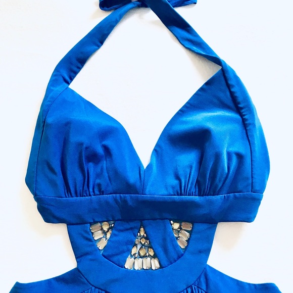 NWT BCBG Blue Cutout Jeweled Mini Dress L - Picture 3 of 6